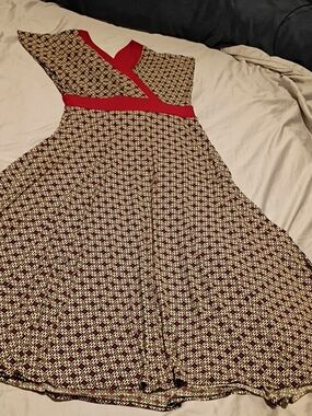 Perceptions One-Shoulder Red and Cream Geometric Fit & Flare Dress